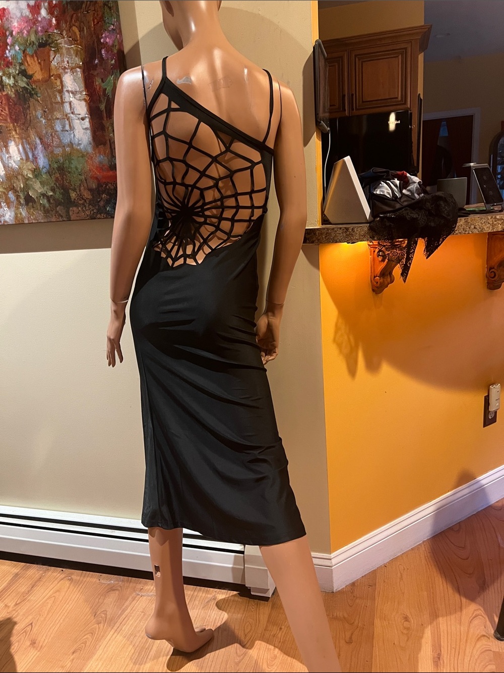 Black Strappy Back Midi Dress with S spider Web Cutout in back nwot